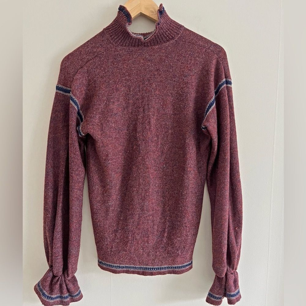 Vintage 70s Miss Pernilla Burgundy Knit Puff Sleeve Ruffle Cuff Sweater - Picture 3 of 11
